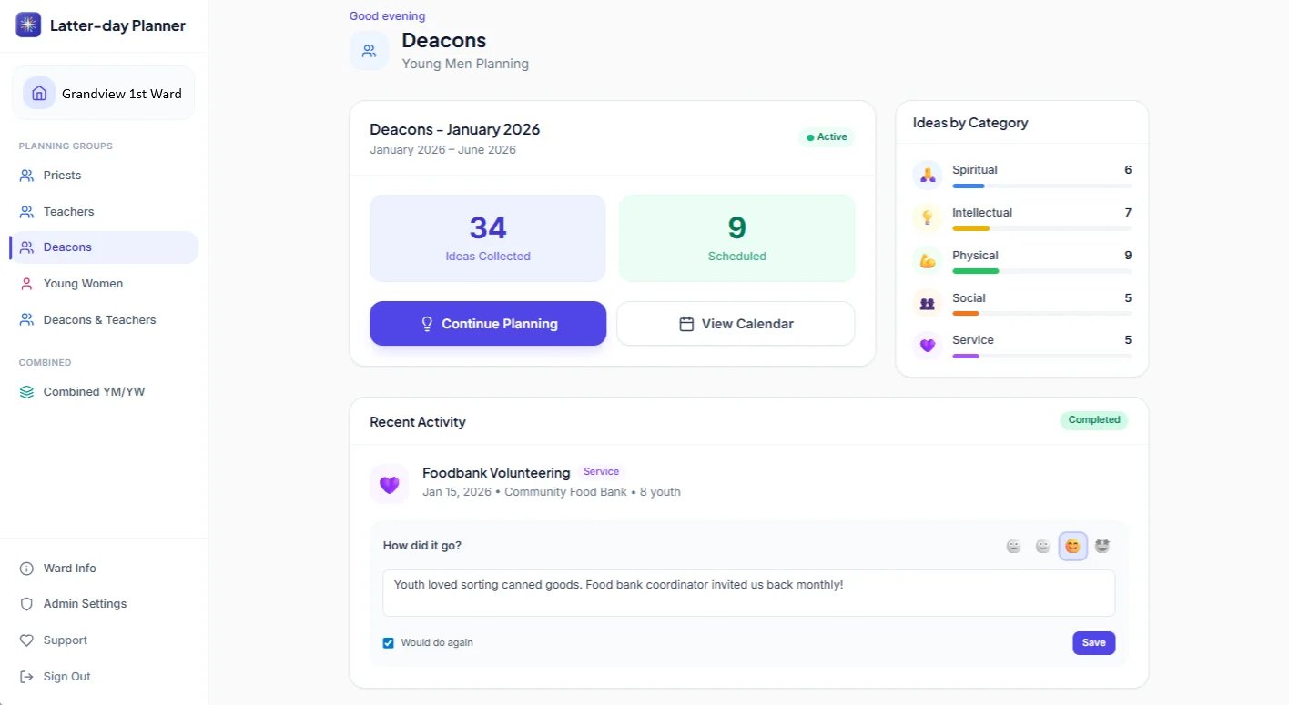 Latter-day Planner Dashboard showing active youth planning sessions